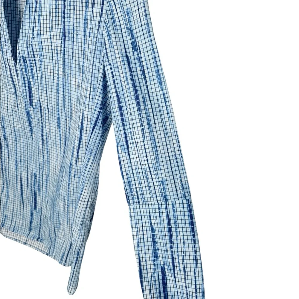 Tory Burch Popover Blouse Size 2 Blue Grid Ikat Print Coastal Prep Barrel Cuffs